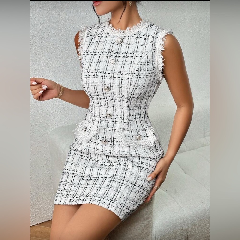 Shein Womens Black White Gold Buttons Plaid Essnce Tweed Mini Dress Size 8/10